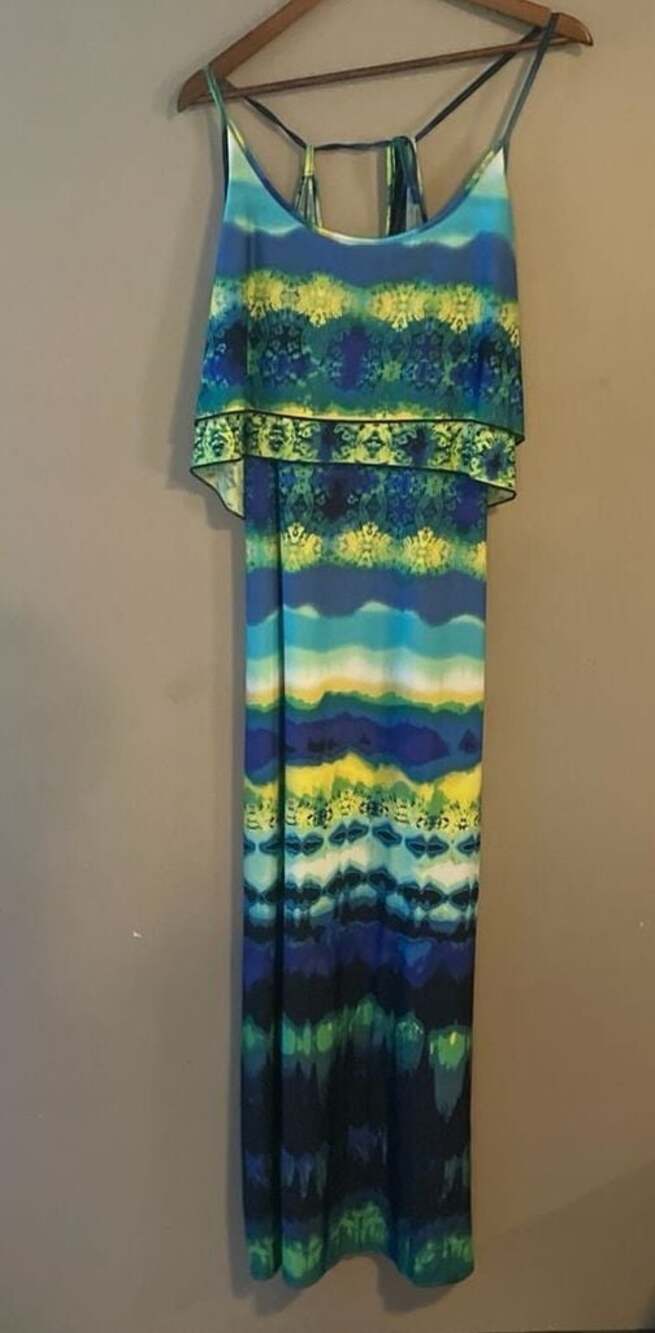 Paper Doll Blue Green Abstract Print Popover Maxi Dress Size XL